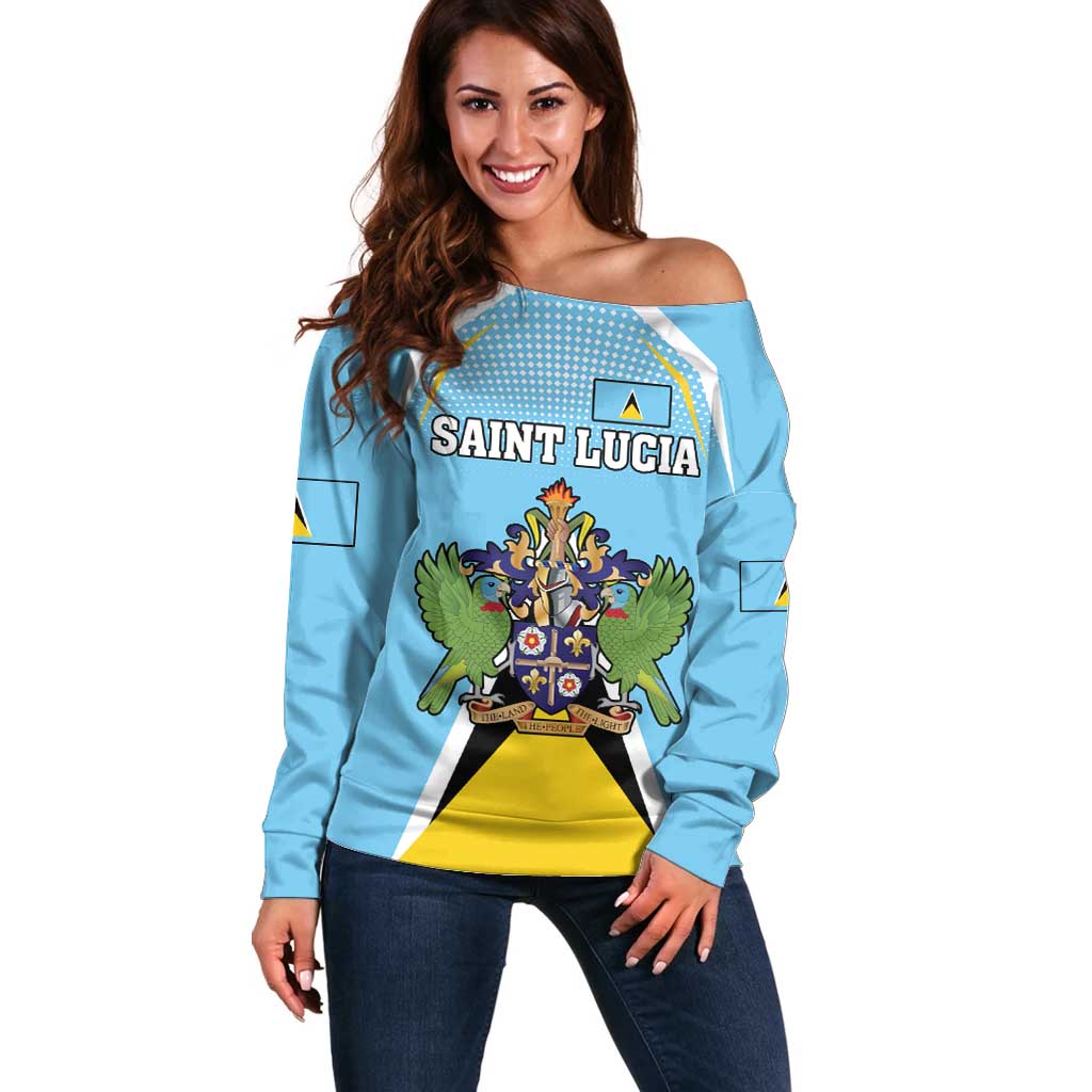 Personalized Saint Lucia Coat Of Arms Off Shoulder Sweater Sent Lisi Flag Style - Wonder Print Shop