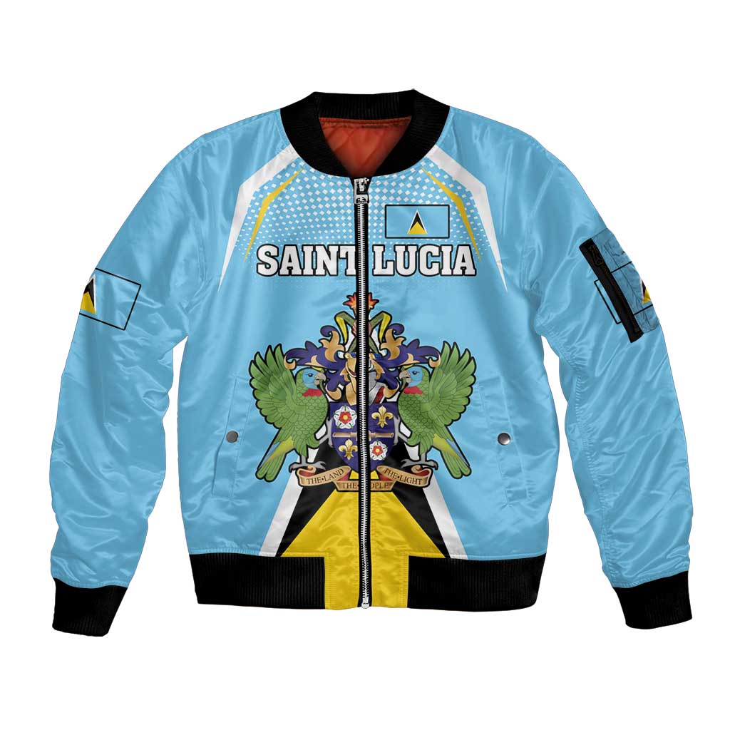 Personalized Saint Lucia Coat Of Arms Sleeve Zip Bomber Jacket Sent Lisi Flag Style - Wonder Print Shop