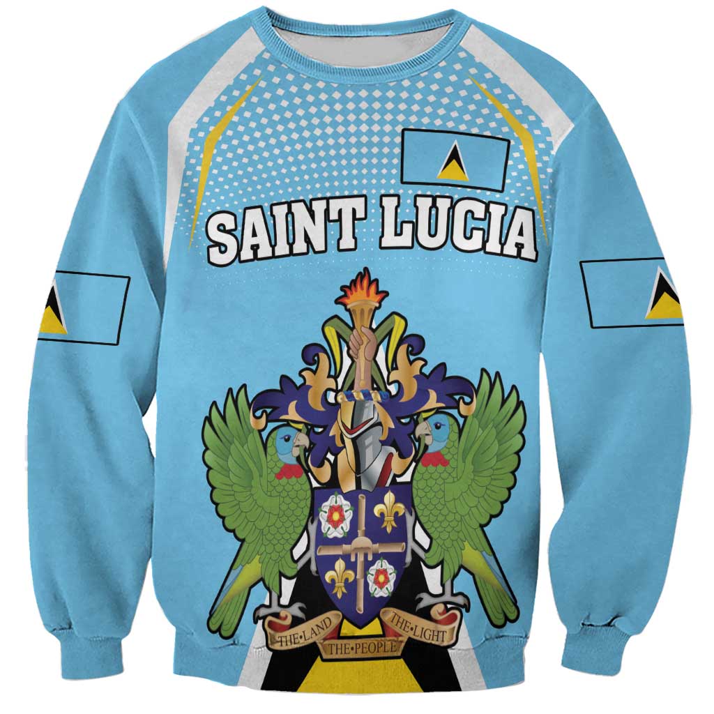 Light blue crewneck sweatshirt with Saint Lucia coat of arms graphic and raglan sleeves