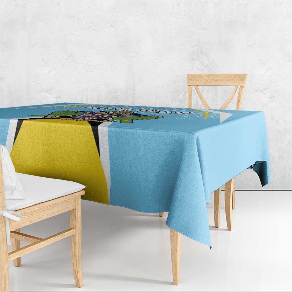 Blue tablecloth with centered crest graphic and angled corner accents, draped on table.