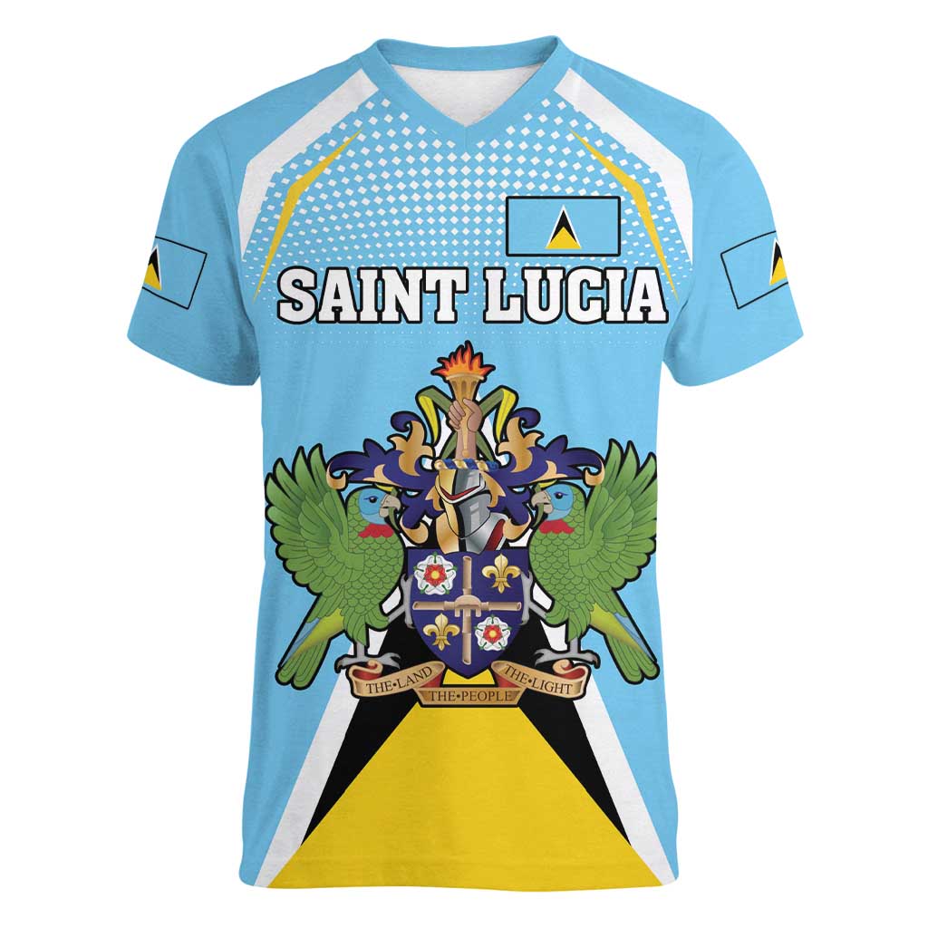 Personalized Saint Lucia Coat Of Arms Women V-Neck T-Shirt Sent Lisi Flag Style - Wonder Print Shop