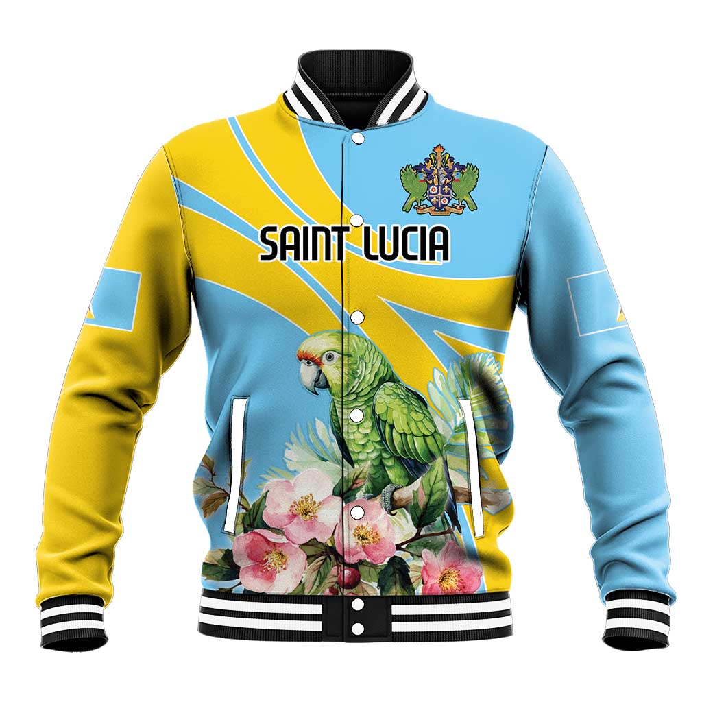 Unisex blue and yellow baseball jacket with striped ribbed collar, parrot and floral print