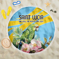 Saint Lucia round beach blanket, blue with yellow stripes, green parrot and floral print