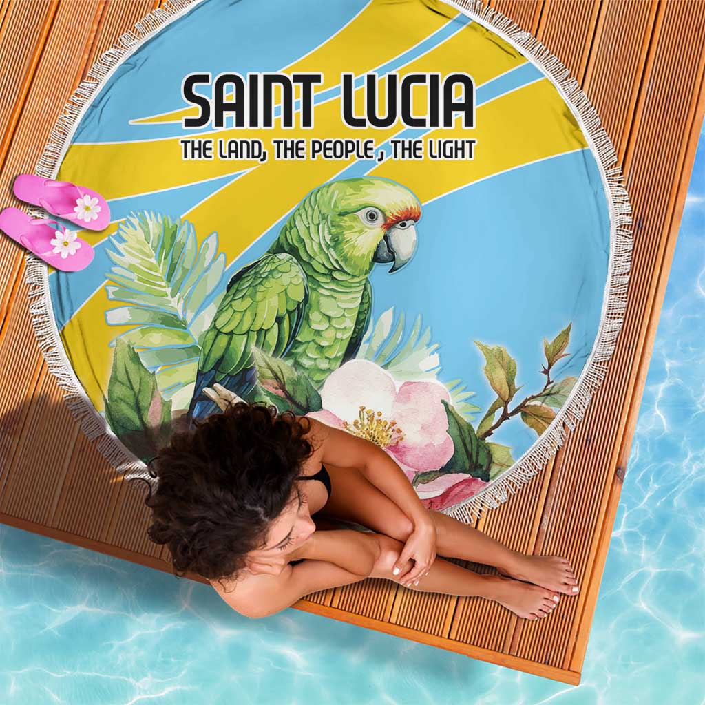 Round beach blanket, blue with yellow stripes, green parrot and flowers; child lying on it