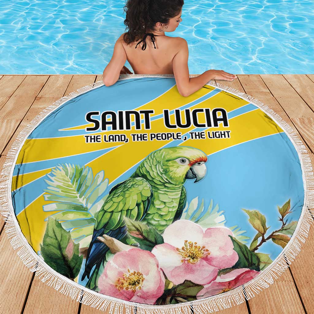 Saint Lucia round beach blanket with parrot and pink flowers, white fringed edge on deck