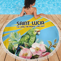 Saint Lucia round beach blanket with parrot and pink flowers, white fringed edge on deck