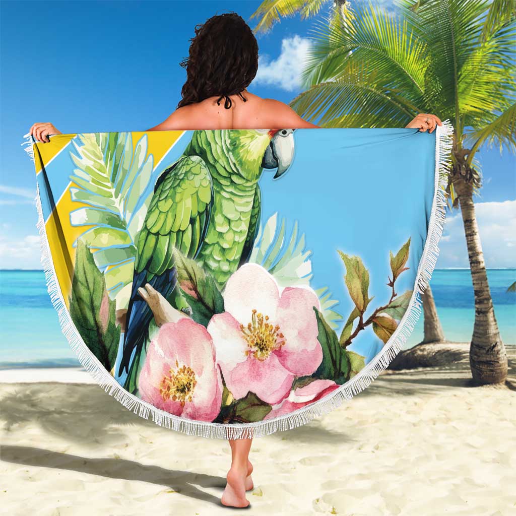 Saint Lucia beach blanket with green parrot and pink flowers, white fringed edge, held up