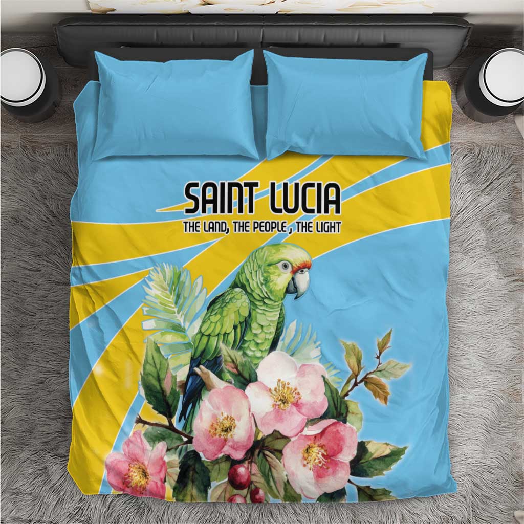 Blue and yellow duvet cover set with green parrot and pink floral print, plus two pillowcases