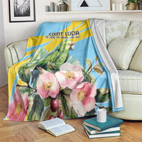Blue throw blanket with parrot and pink flower print, yellow accent stripes