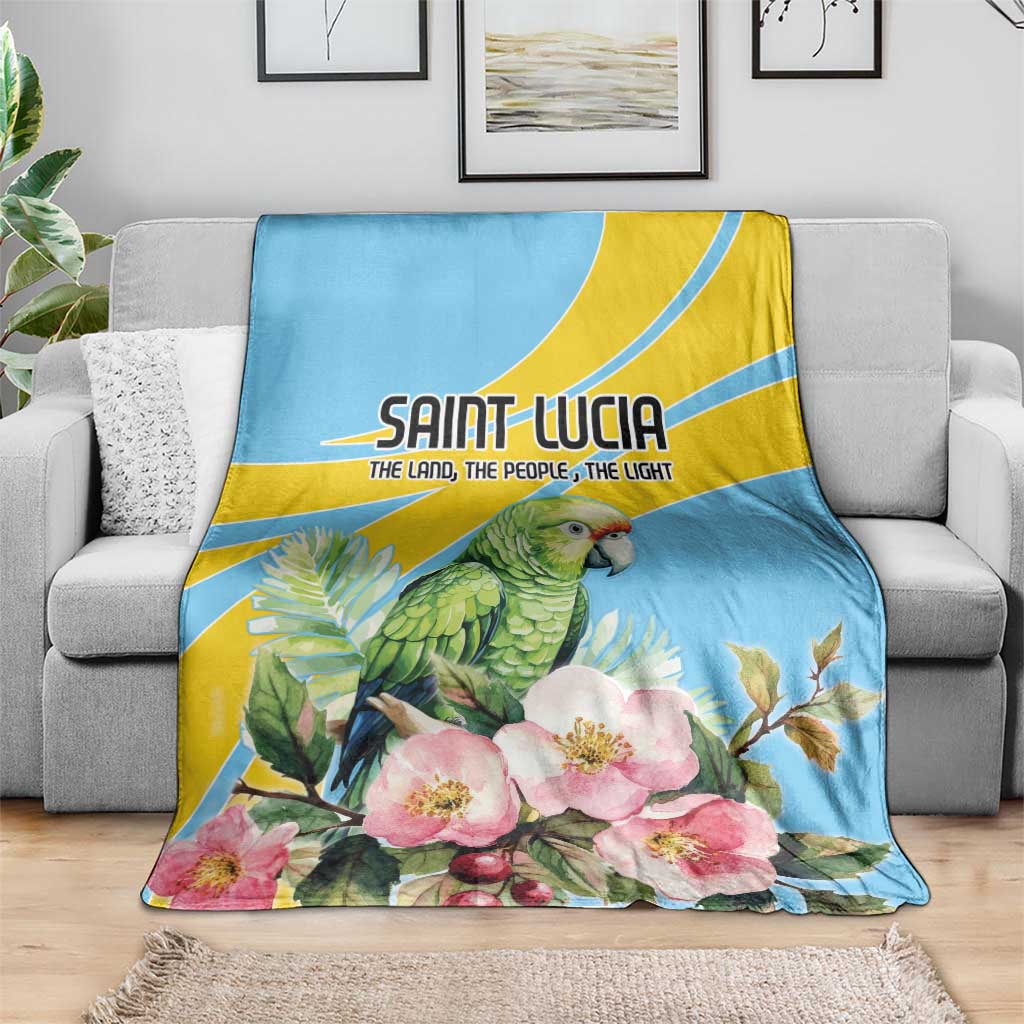 Blue throw blanket featuring parrot and pink flower artwork with yellow stripe