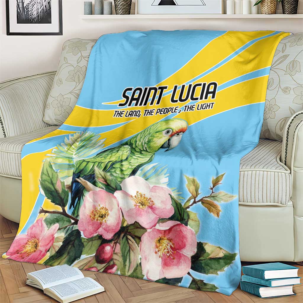 Blue blanket draped on sofa, parrot and pink flowers with yellow stripe