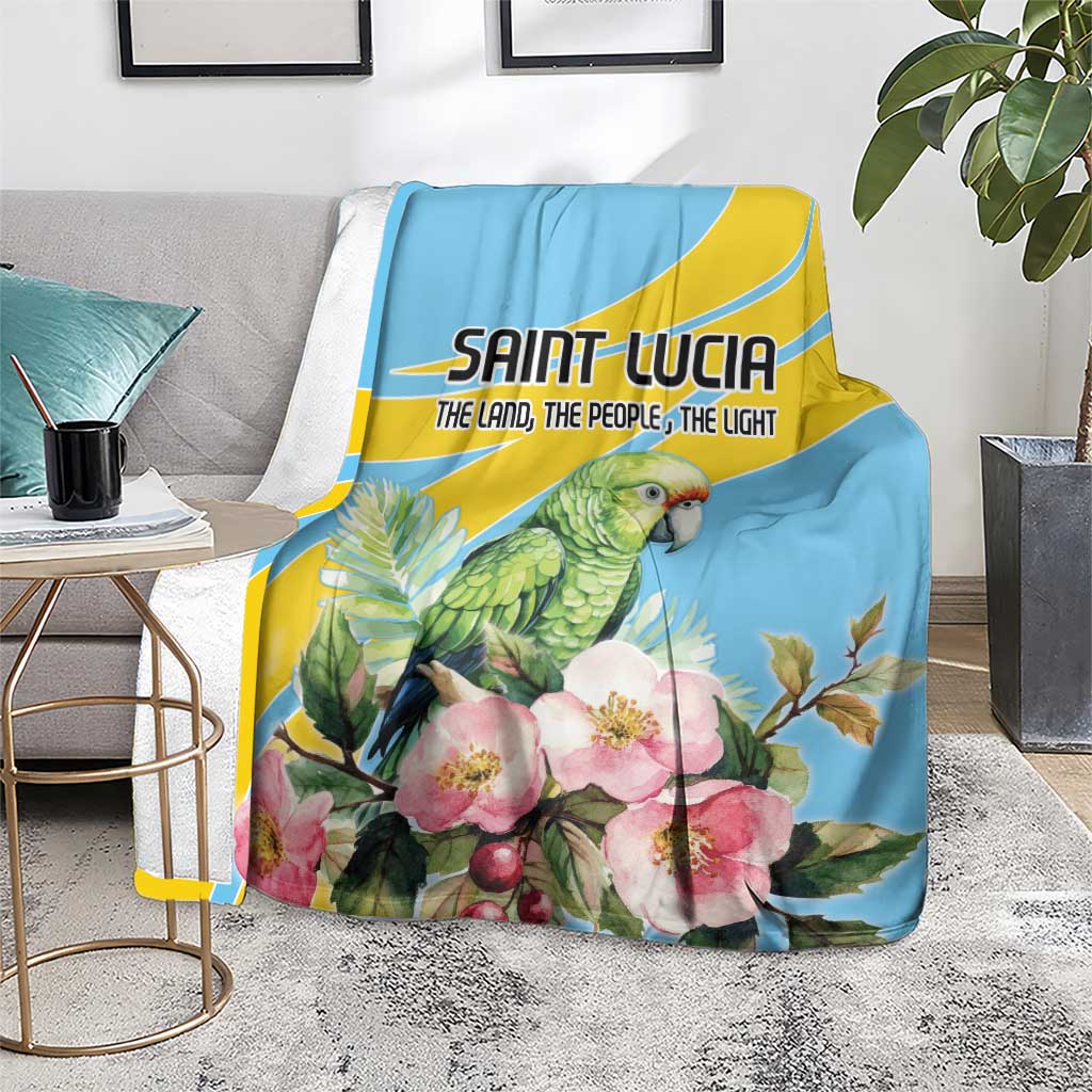 Blue blanket on floor with parrot and pink flower print, yellow accent band