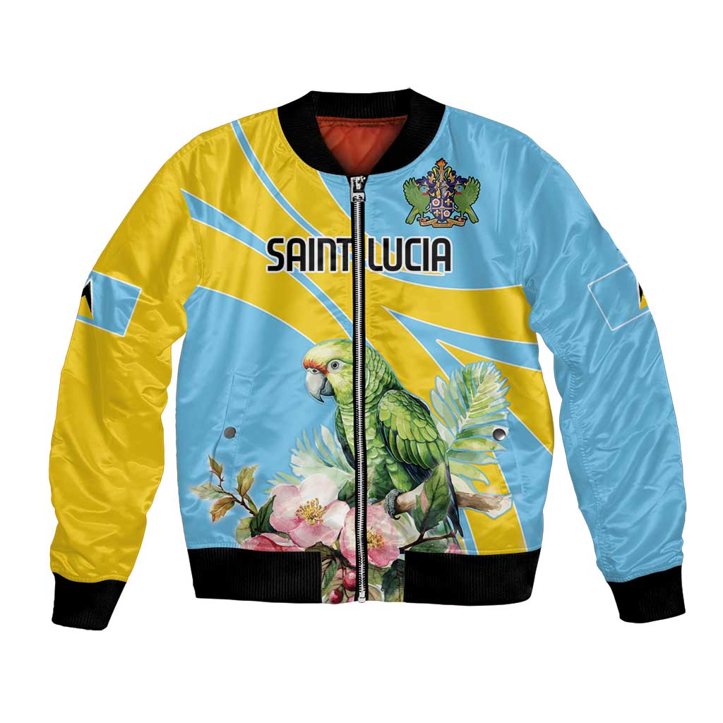 Unisex bomber jacket, blue and yellow parrot graphic, zip front, ribbed cuffs