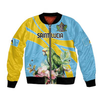 Unisex bomber jacket, blue and yellow parrot graphic, zip front, ribbed cuffs