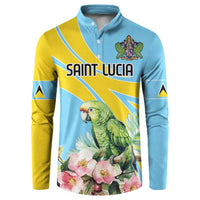 Blue and yellow button sweatshirt with parrot, flowers, and graphic chest print