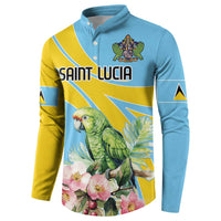 Light blue and yellow button sweatshirt with SAINT LUCIA text and parrot graphic