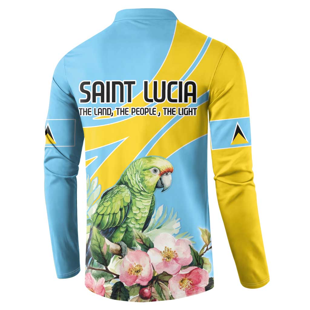 Light blue and yellow back button sweatshirt with SAINT LUCIA logo and parrot