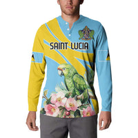 Light blue and yellow button sweatshirt with parrot, pink flowers, and chest crest