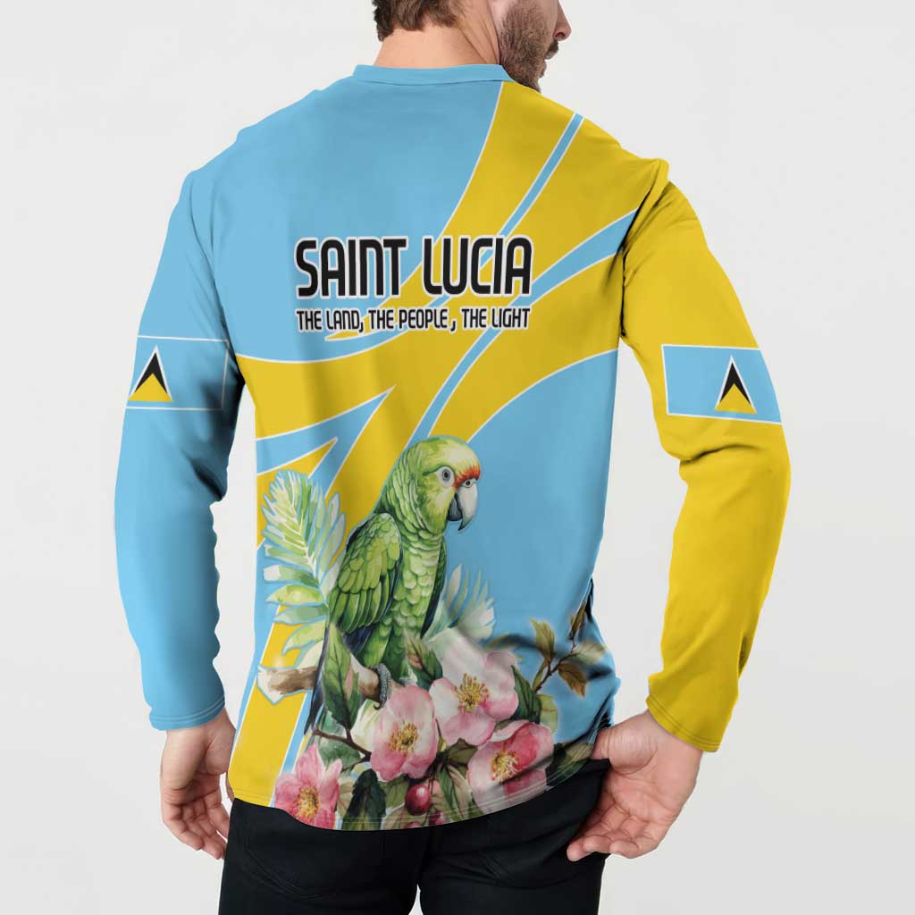Light blue and yellow button sweatshirt back with SAINT LUCIA text and parrot