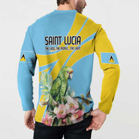 Light blue and yellow button sweatshirt back with SAINT LUCIA text and parrot