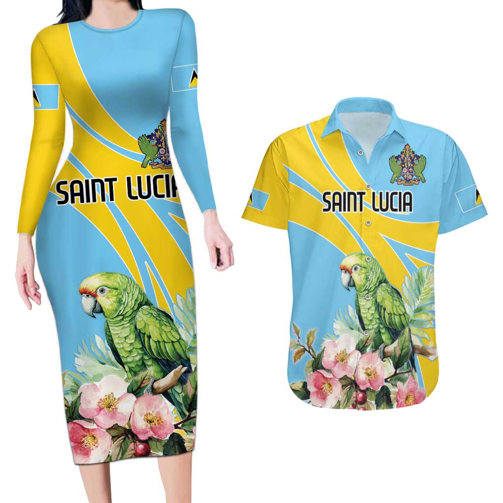 Saint Lucia Rosa Rubiginosa Couples Matching Long Sleeve Bodycon Dress and Hawaiian Shirt With Sent Lisi Parrot - Wonder Print Shop