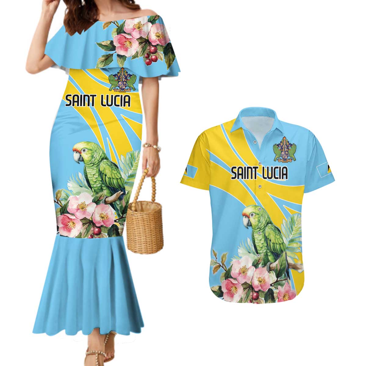 Saint Lucia Rosa Rubiginosa Couples Matching Mermaid Dress and Hawaiian Shirt With Sent Lisi Parrot - Wonder Print Shop