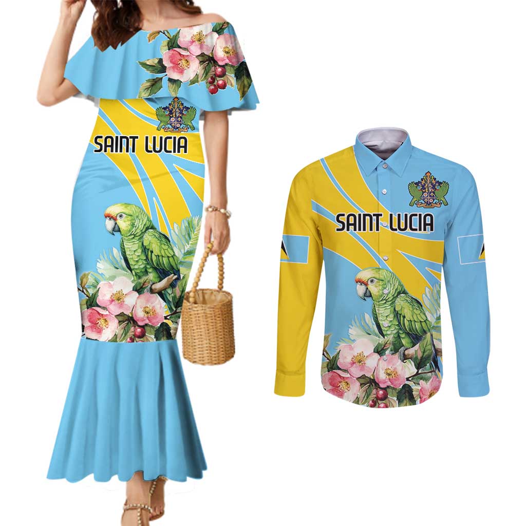 Saint Lucia Rosa Rubiginosa Couples Matching Mermaid Dress and Long Sleeve Button Shirt With Sent Lisi Parrot