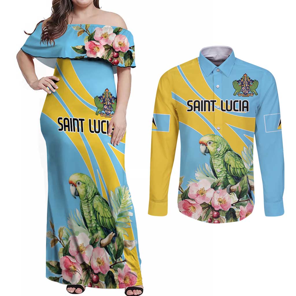 Saint Lucia Rosa Rubiginosa Couples Matching Off Shoulder Maxi Dress and Long Sleeve Button Shirt With Sent Lisi Parrot - Wonder Print Shop