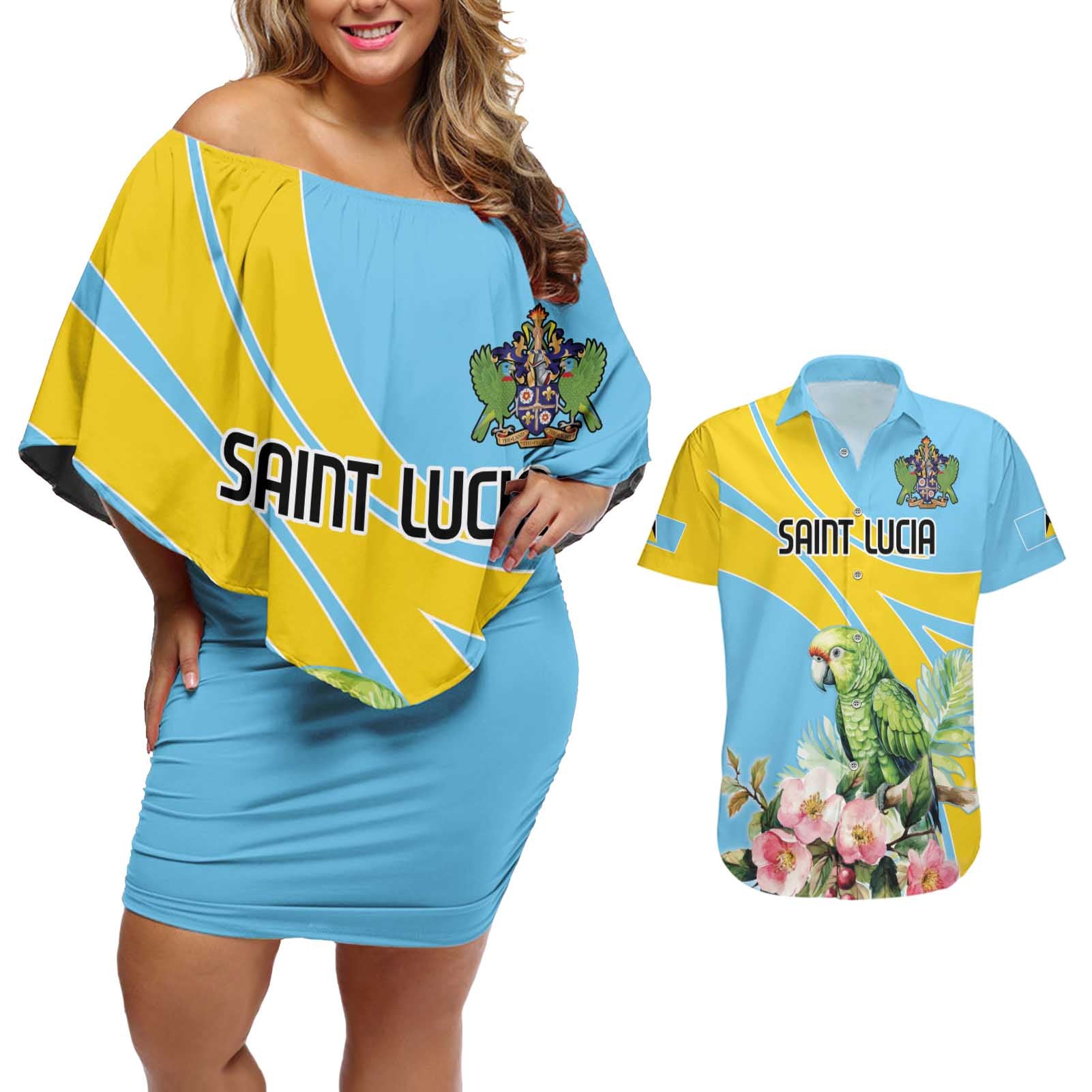 Saint Lucia Rosa Rubiginosa Couples Matching Off Shoulder Short Dress and Hawaiian Shirt With Sent Lisi Parrot - Wonder Print Shop