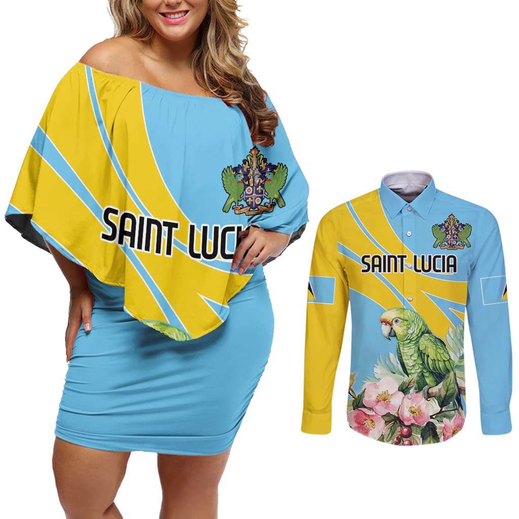 Saint Lucia Rosa Rubiginosa Couples Matching Off Shoulder Short Dress and Long Sleeve Button Shirt With Sent Lisi Parrot - Wonder Print Shop