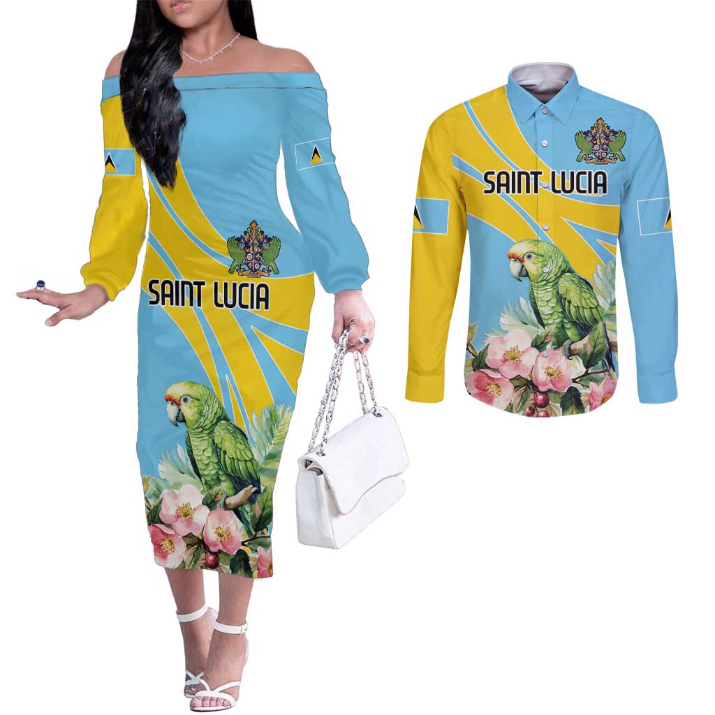 Saint Lucia Rosa Rubiginosa Couples Matching Off The Shoulder Long Sleeve Dress and Long Sleeve Button Shirt With Sent Lisi Parrot