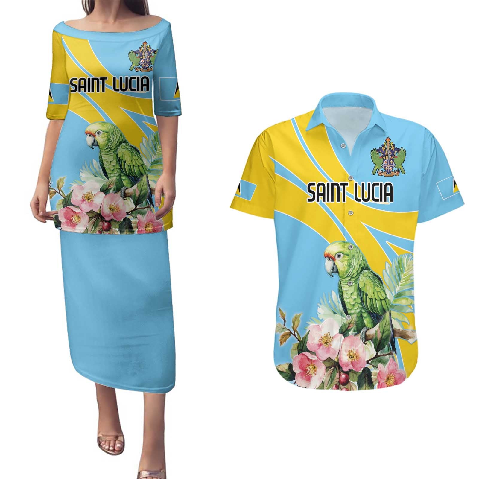 Saint Lucia Rosa Rubiginosa Couples Matching Puletasi and Hawaiian Shirt With Sent Lisi Parrot - Wonder Print Shop