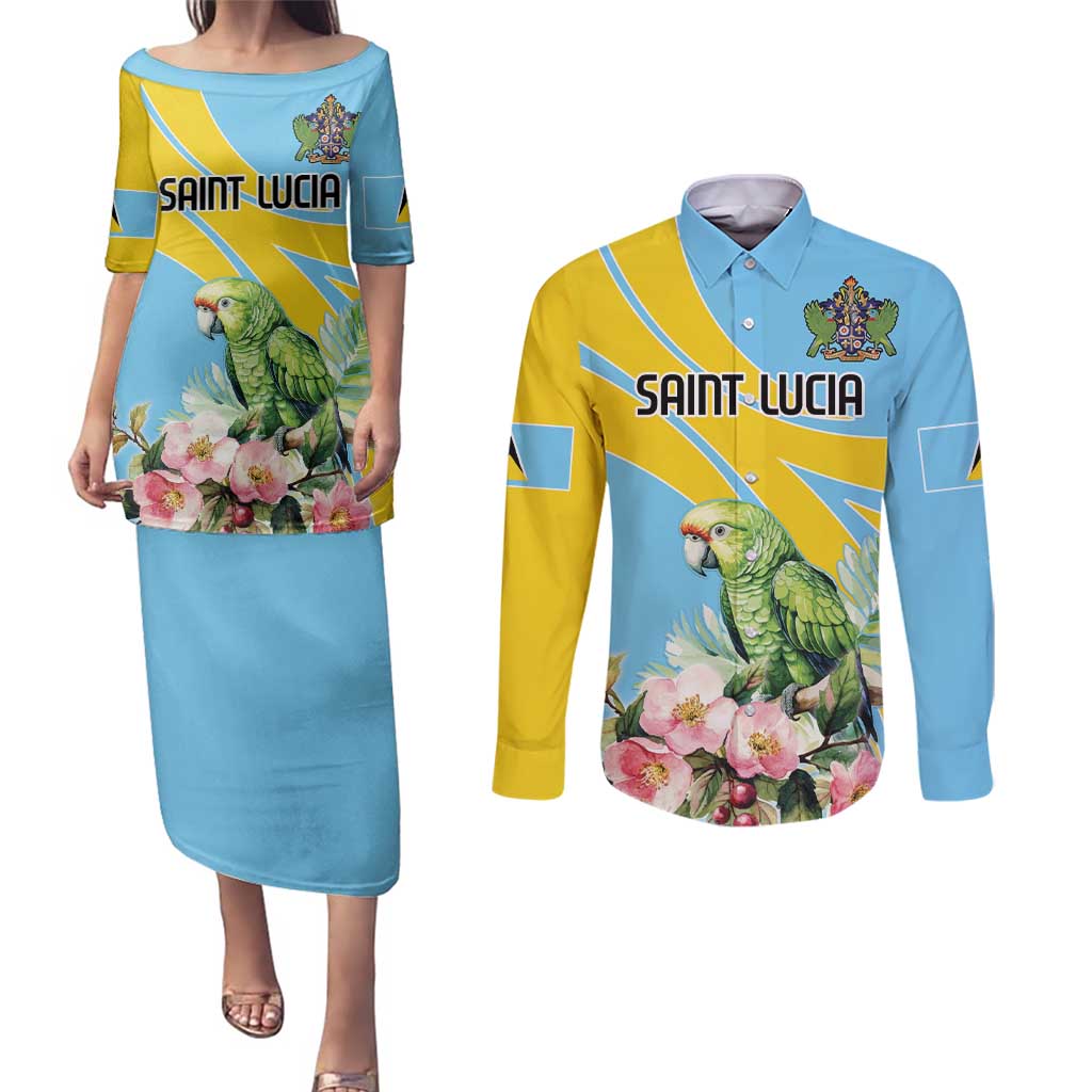 Saint Lucia Rosa Rubiginosa Couples Matching Puletasi and Long Sleeve Button Shirt With Sent Lisi Parrot - Wonder Print Shop