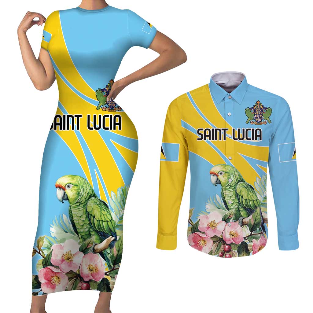 Saint Lucia Rosa Rubiginosa Couples Matching Short Sleeve Bodycon Dress and Long Sleeve Button Shirt With Sent Lisi Parrot - Wonder Print Shop