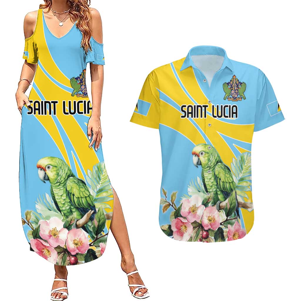 Saint Lucia Rosa Rubiginosa Couples Matching Summer Maxi Dress and Hawaiian Shirt With Sent Lisi Parrot - Wonder Print Shop