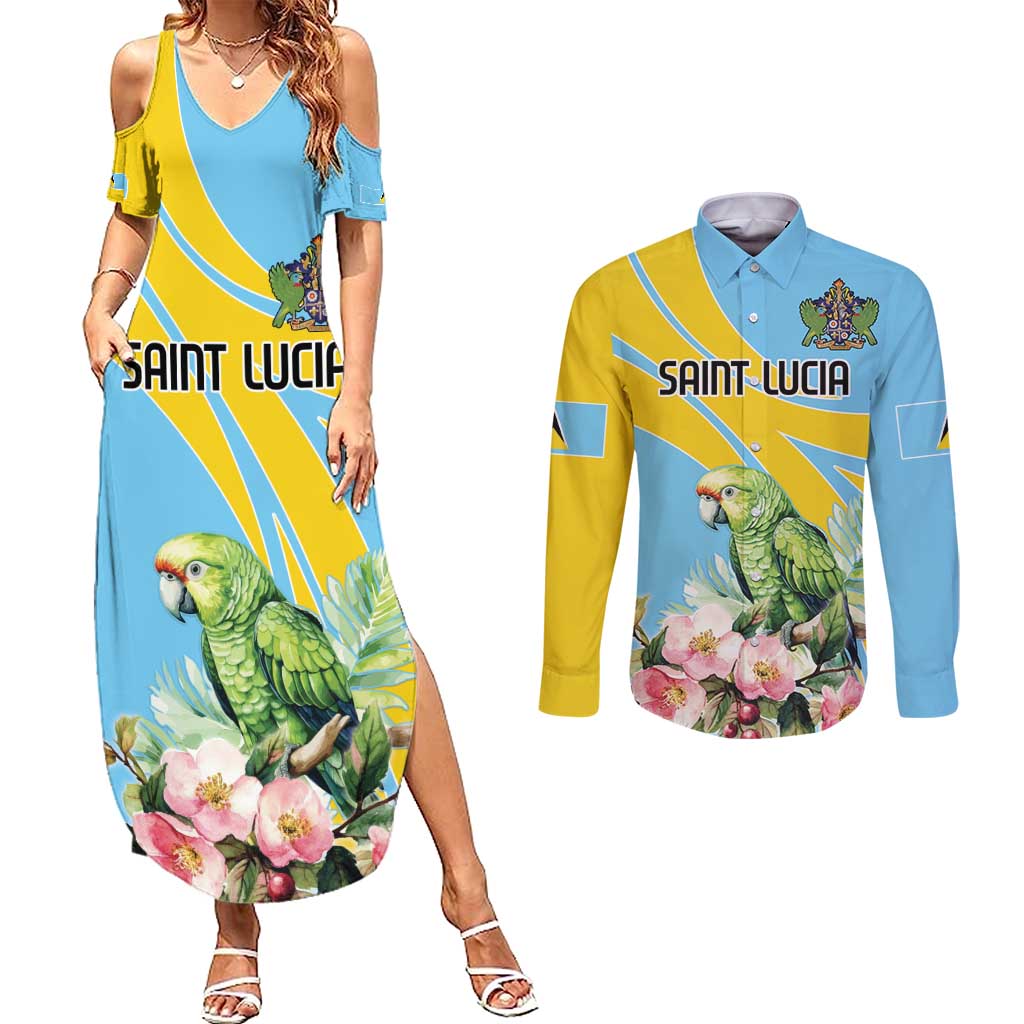 Saint Lucia Rosa Rubiginosa Couples Matching Summer Maxi Dress and Long Sleeve Button Shirt With Sent Lisi Parrot - Wonder Print Shop