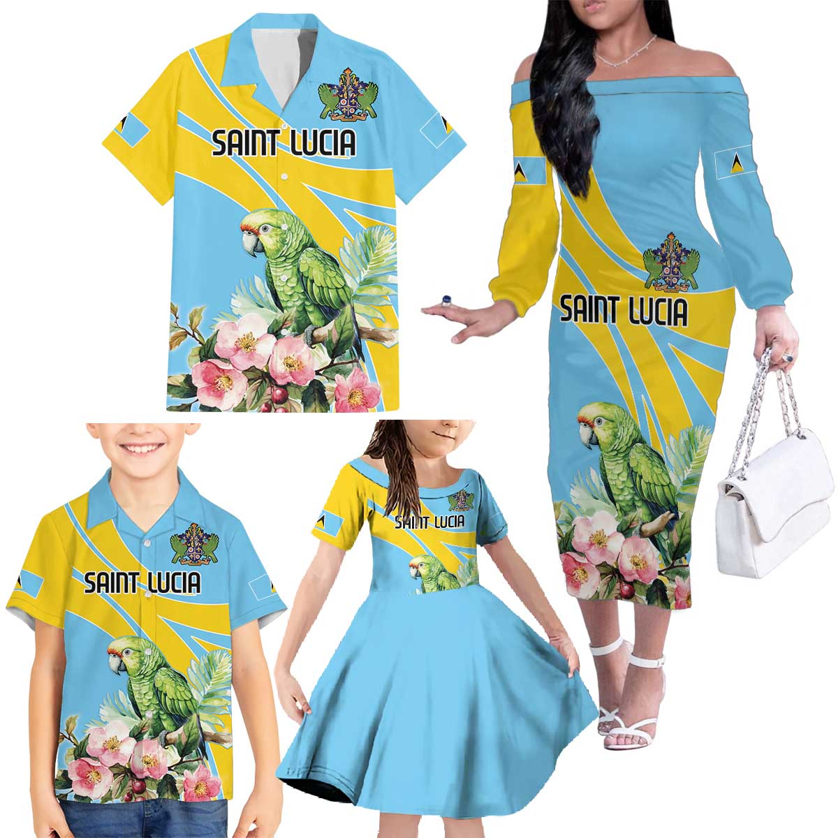 Saint Lucia Rosa Rubiginosa Family Matching Off The Shoulder Long Sleeve Dress and Hawaiian Shirt With Sent Lisi Parrot - Wonder Print Shop