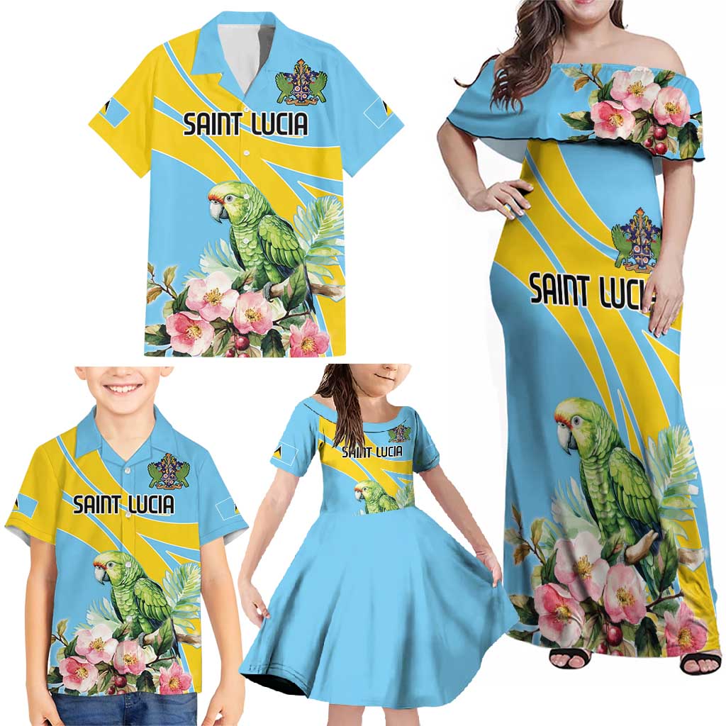 Saint Lucia Rosa Rubiginosa Family Matching Off Shoulder Maxi Dress and Hawaiian Shirt With Sent Lisi Parrot - Wonder Print Shop