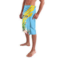 Blue parrot and floral print knee-length shorts with elastic waistband, side view