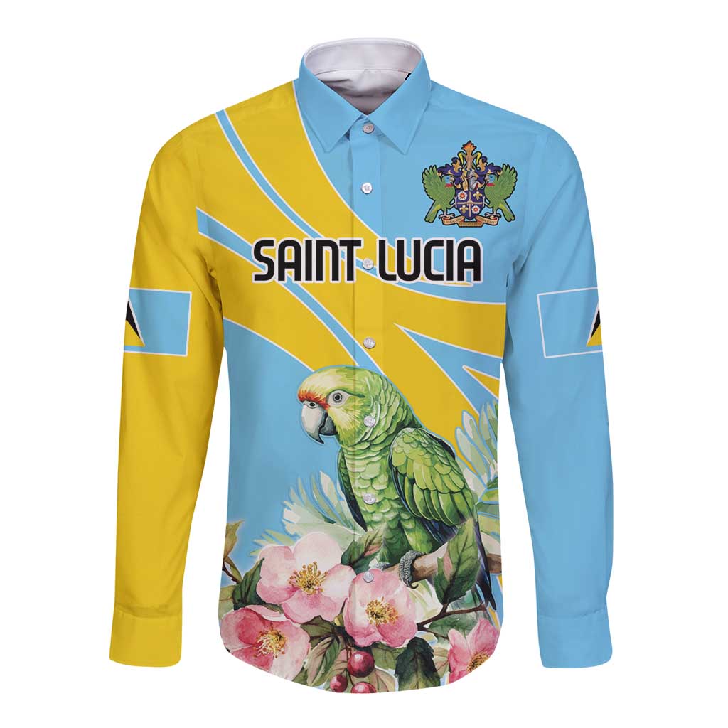 Long-sleeve button shirt in blue and yellow with parrot and floral print