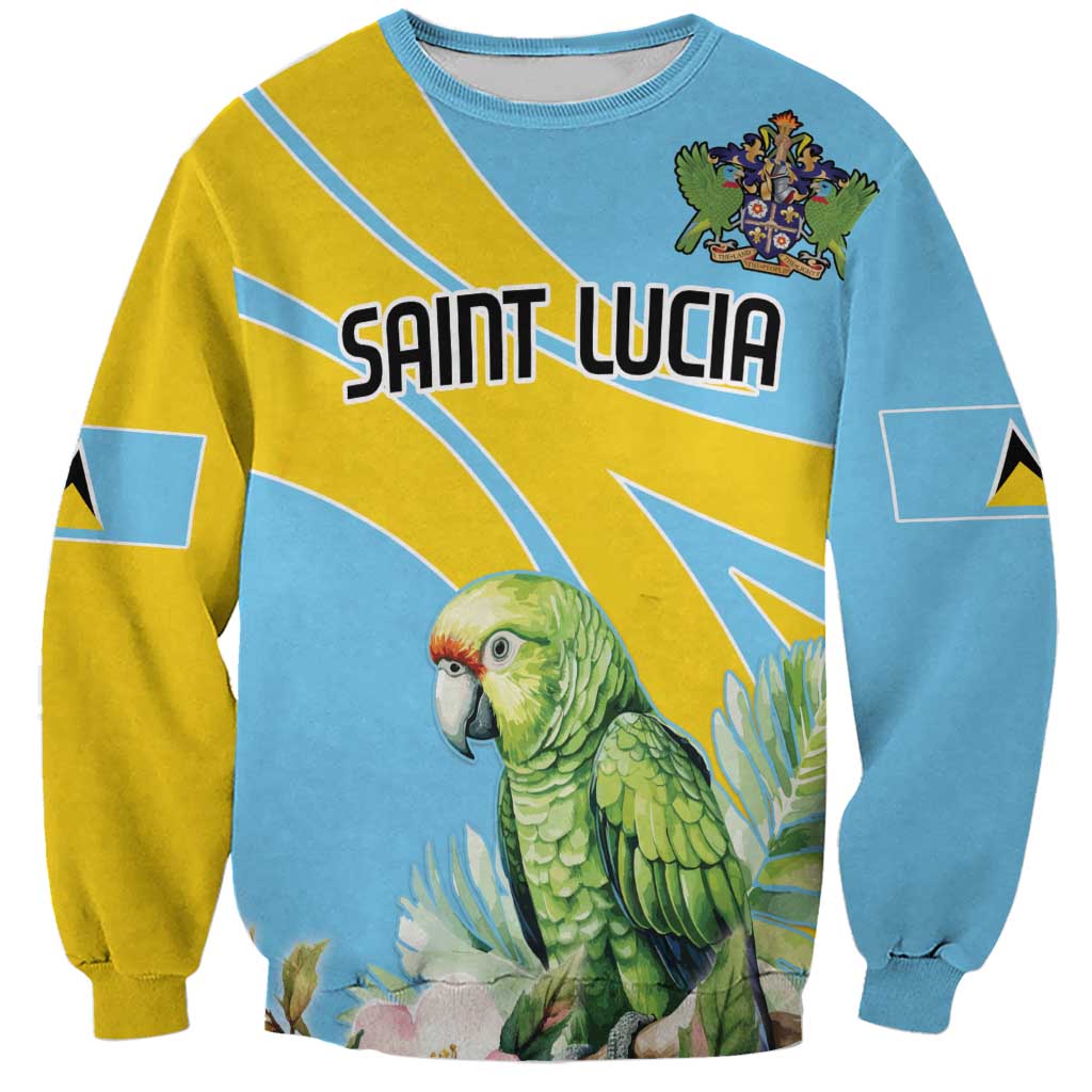 Unisex crewneck sweatshirt in blue and yellow with large parrot graphic and front text
