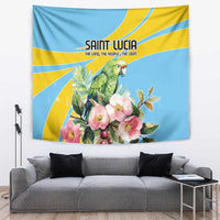 Blue wall tapestry with green parrot and pink flowers, yellow and blue rays design