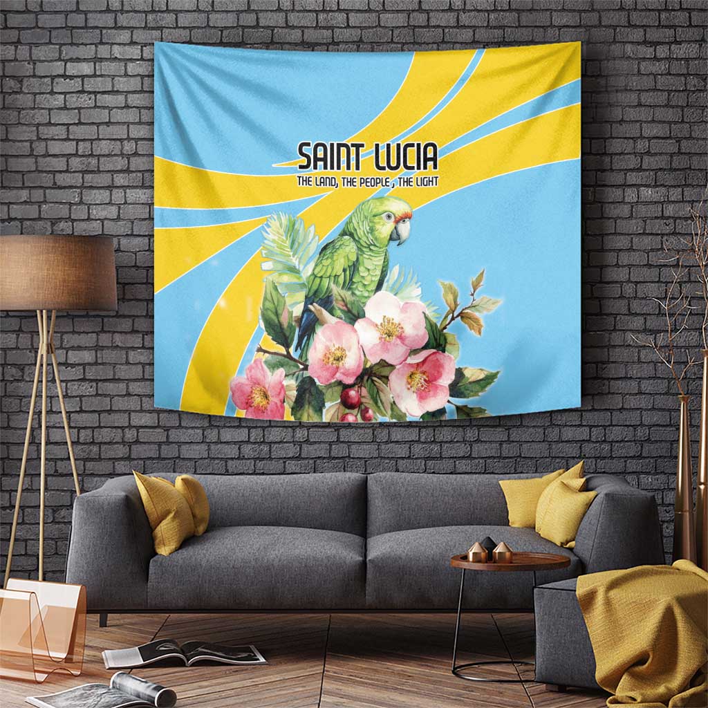 Blue wall tapestry with parrot and pink blossoms, yellow sunburst stripes and logo text