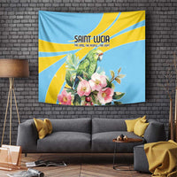 Blue wall tapestry with parrot and pink blossoms, yellow sunburst stripes and logo text
