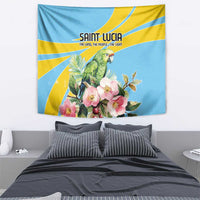 Wall tapestry featuring green parrot and pink flowers on blue with yellow rays