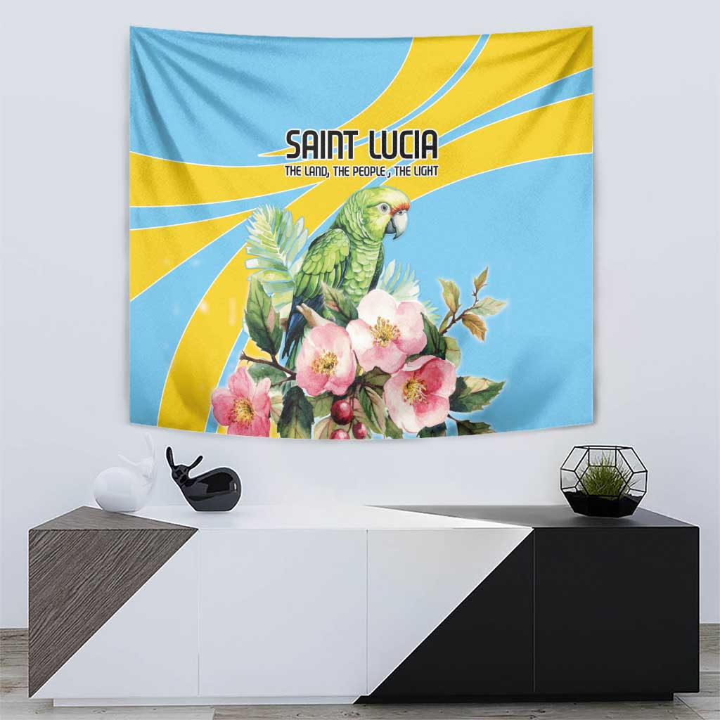 Blue tapestry wall hanging with green parrot, pink blossoms, yellow diagonal rays