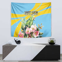 Blue tapestry wall hanging with green parrot, pink blossoms, yellow diagonal rays