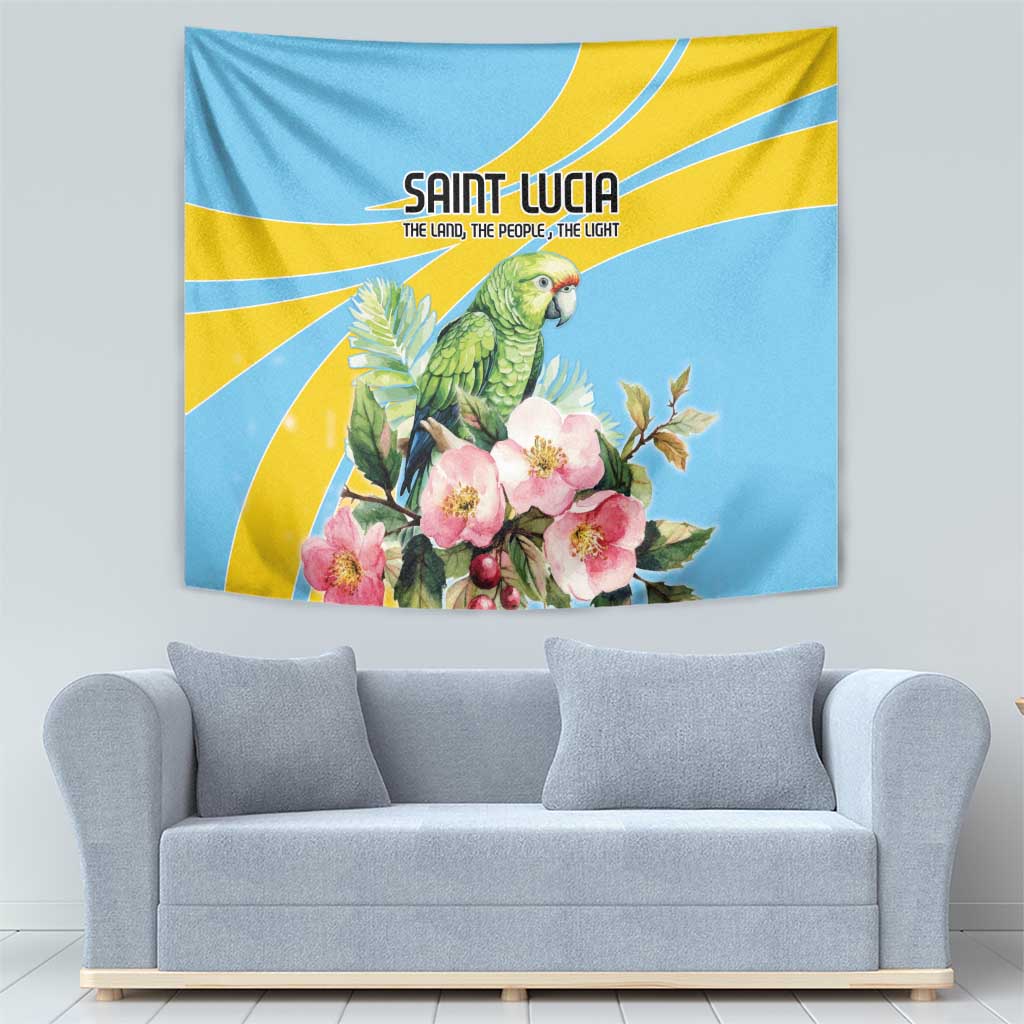 Blue wall tapestry with green parrot among pink flowers and yellow sunburst accents