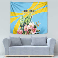 Blue wall tapestry with green parrot among pink flowers and yellow sunburst accents