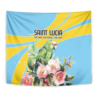 Square wall tapestry close-up with green parrot, pink flowers, blue and yellow rays